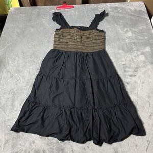 J Crew Poplin Smocked Tiered Midi Dress Women's S Black Brown Striped‎ Stretch